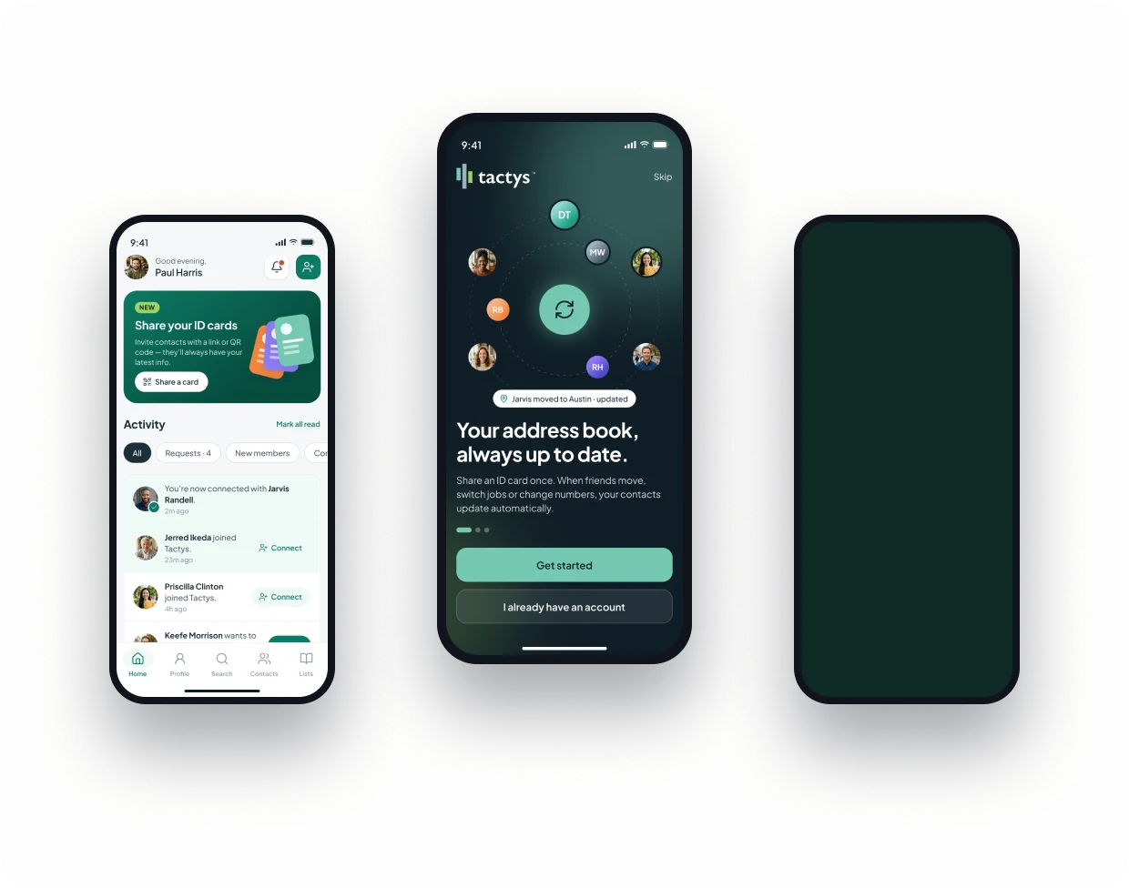 Three Tactys app screens on phones