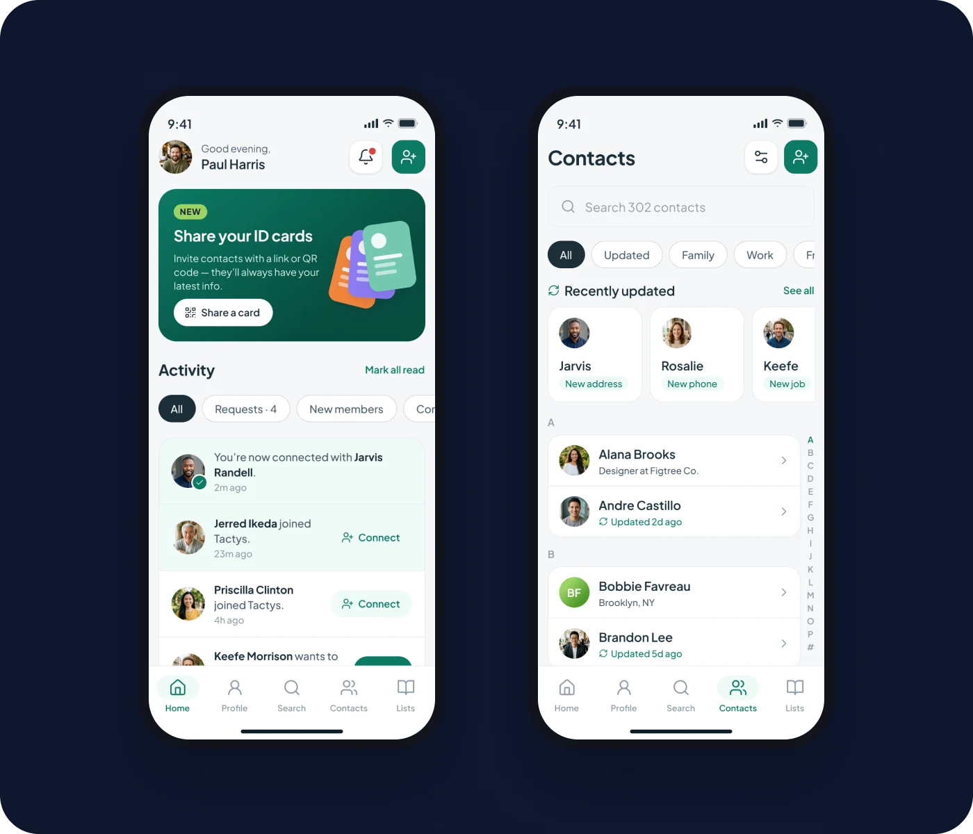 The home feed and contacts list