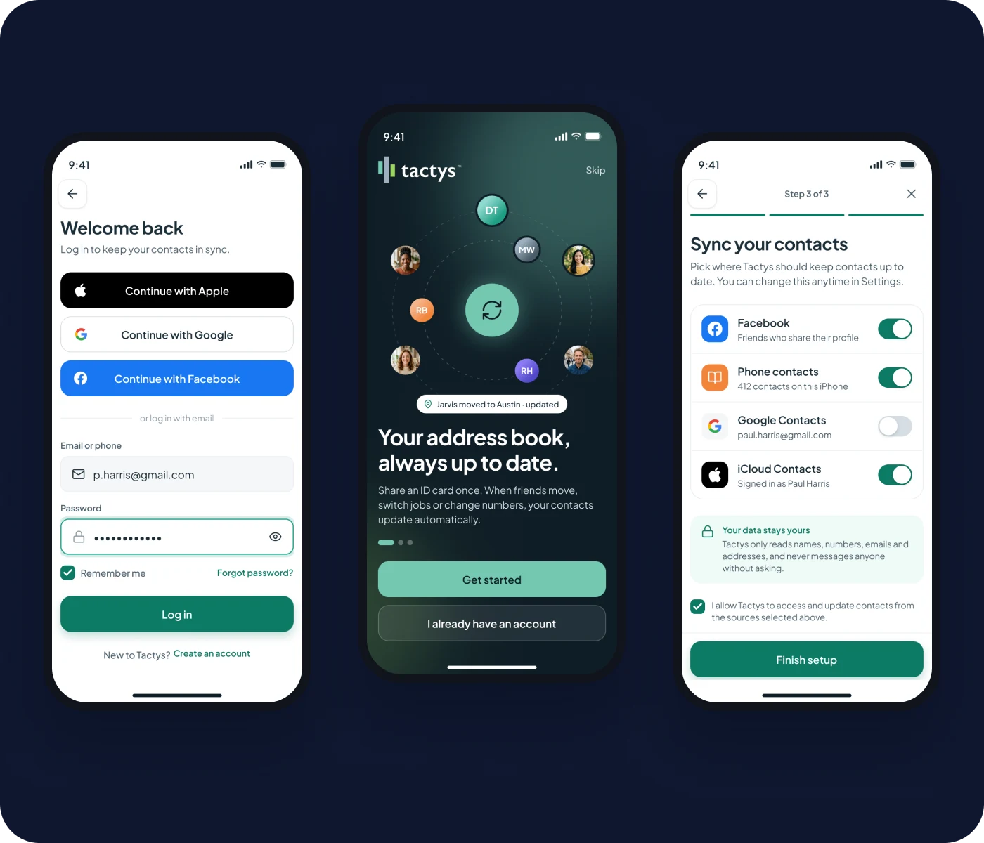 Sign-in, welcome, and contact sync screens