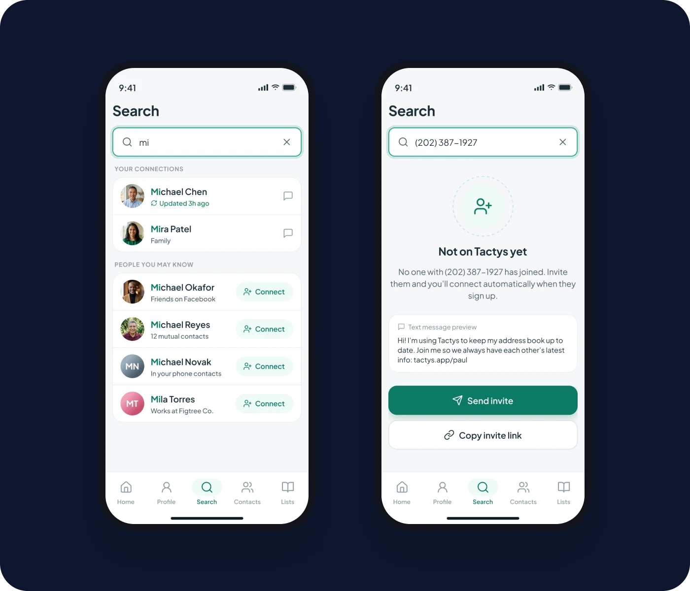 Search results and the invite screen