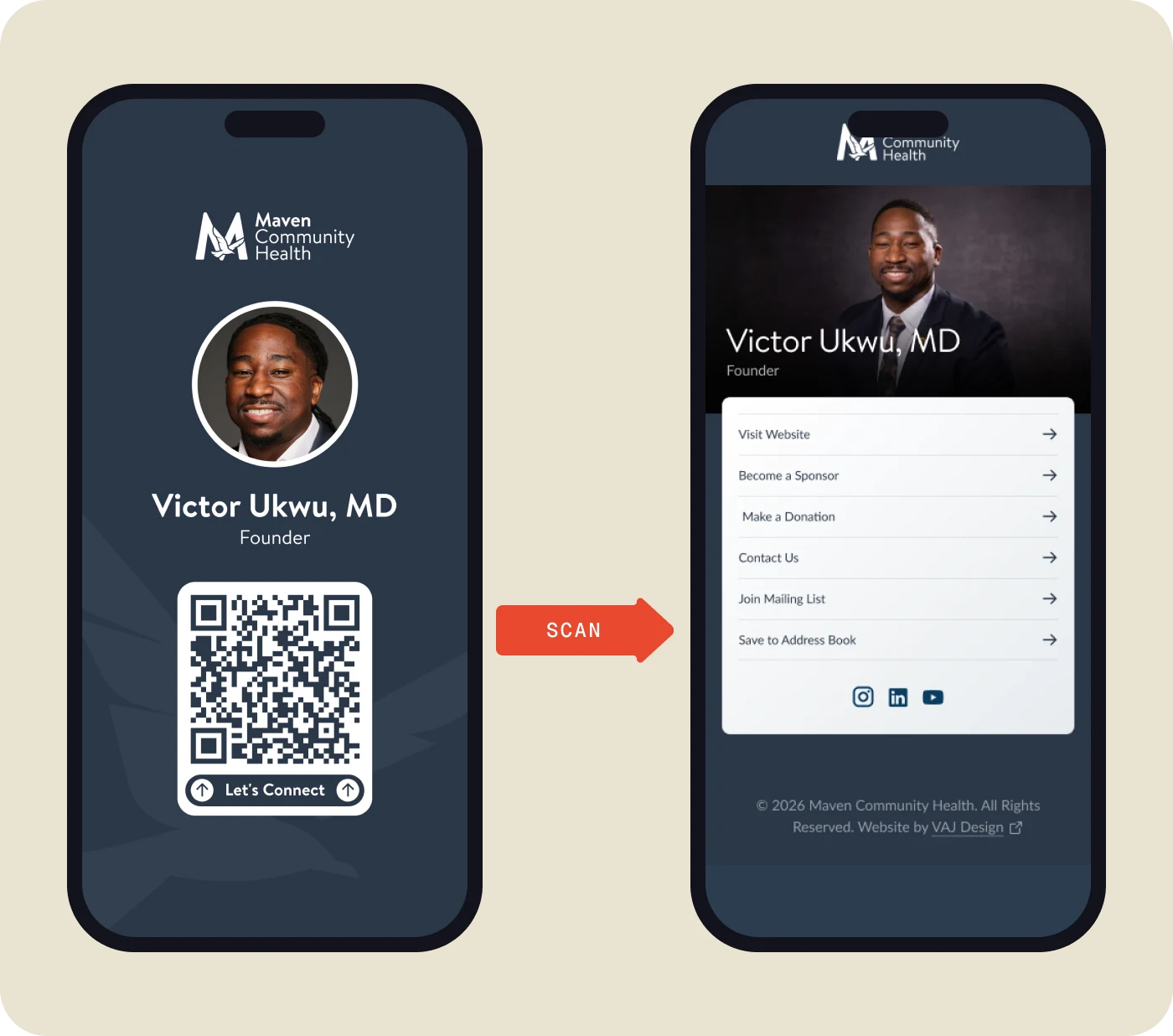 A phone lock-screen wallpaper with a QR code, and the link-in-bio page it opens