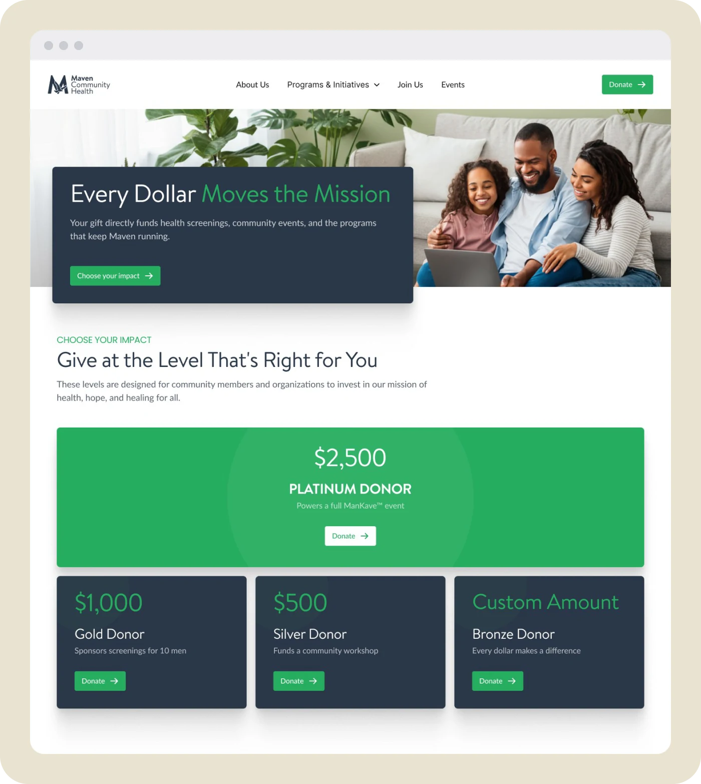 The Maven Donate page with giving levels