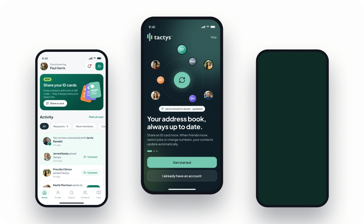 Three Tactys app screens on phones